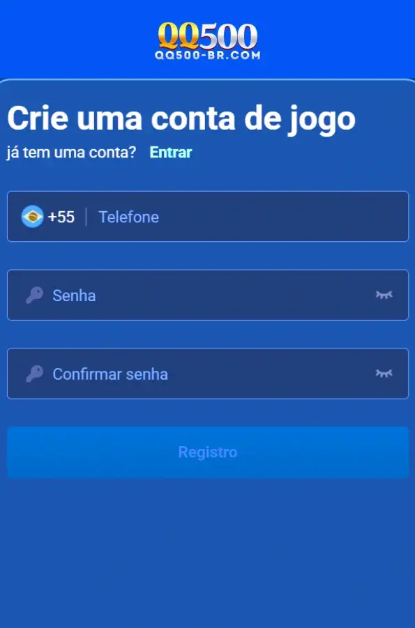 Tela de registro do QQ500 cassino